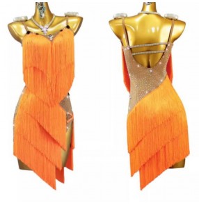 Custom size competition orange fringe latin dance dresses with gemstones for women girls kids salsa rumba chacha flamenco dancing costumes for female