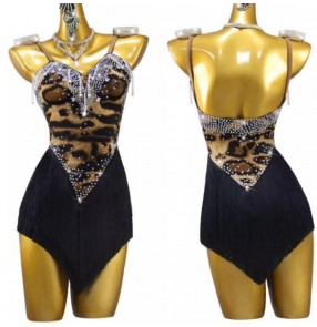 Custom size competition latin dance dresses for women girls kids black with leopard printed bling salsa rumba samba chacha performance dancing outfits