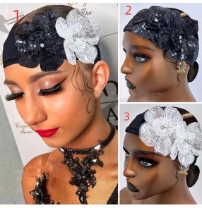  Ballroom Latin dance competition bling flowers headdress for women girls black white rose flower national standard dance competition headband modern dance black pool performance accessories