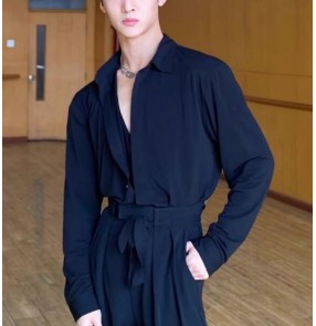Black Ballroom Latin dance shirts for men youth competition junior waltz tango foxtrot smooth dance long tops for male