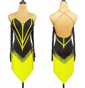Black with yellow fringe competition latin dance dresses for women girls salsa rumba chacha competition stage performance costumes for lady