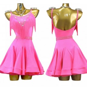 Women girls hot pink fuchsia fringe latin dance dresses gemstones handmade salsa ballroom chacha stage performance costumes for female