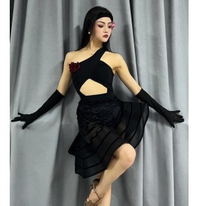 Women girls Black latin dance dresses slant neck flamenco salsa rumba chacha dancing costumes openwork top velvet mesh fishbone ballroom skirt with gloves