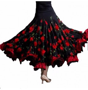 Women red rose flowers ballroom dance skirts modern waltz tango foxtrot smooth rhythm event competition dancing long swing skirts for female