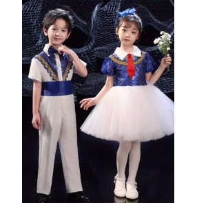 Children Boys girls blue white sequins jazz dance costumes puffy gauze tutu skirt modern dance princess dresses Kindergarten choir performance outfits