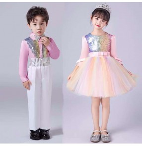 Children pink rainbow sequins jazz dance costumes tutu skirt  ballet dress Toddler chorus performance outfits for boys girls sequined dresses