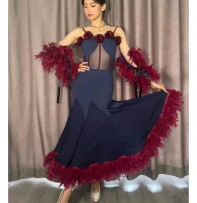 Wine rose feather ballroom dance dresses for women girls waltz tango foxtrot smooth flamenco concert dance long gown for female