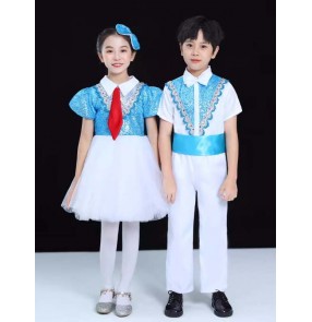 Children Boys girls turquoise sequins jazz dance costumes tutu skirts ballet dance dresses kindergarten preschool host choir performance chorus outfits for kids