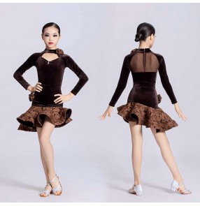 Girls kids coffee velvet lace ballroom latin dance dresses modern salsa rumba chacha latin dance costumes for children