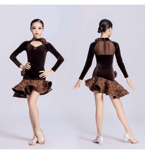 Velvet Long Sleeves Latin Dance Dress For Children Girls Competition  Ballroom Kids Tango Salsa Dancewear Practice Wear Cha Cha