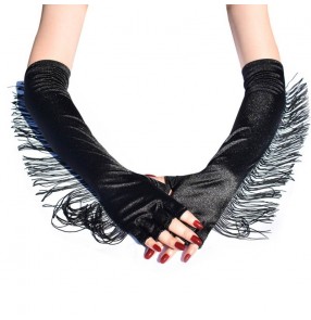 Women girls Ballroom latin dance black satin half-finger tassel long gloves for women girls 1920s vintage carnival singers dancers prom show jazz gloves bridal mitten