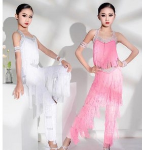 Girls kids white pink fringe competition latin dance dresses ballroom salsa rumba chacha stage performance tops and pants for girls