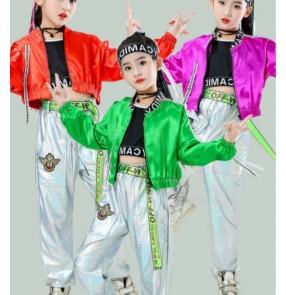 Children Girls hiphop street costumes for kids green purple red modern dance outfits 3pcs in one set for boys girls  kindergarten preschool cheerleading dance wear