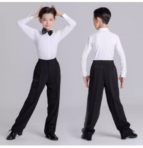 Boys kids white latin dance shirts modern ballroom latin stage performance tops and long trousers for children with bowknot