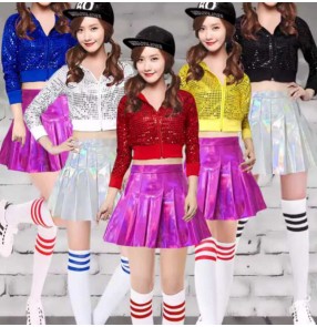women young girls Street Hiphop rapper singers jazz dance costumes silver gold black blue sequins gogo dancers dance outfits Youth student cheerleading uniform 