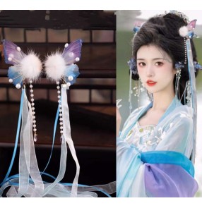 Fairy chinese princess Hanfu antique headdress for women girls furball mink hair clip Butterfly Kimono dress Bow pair clip long streamer fringed hair ornament