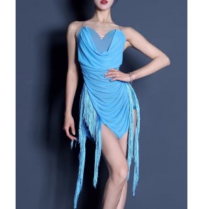 Blue black white fringe latin dance dresses for women girls  tassels salsa rumba chacha ballroom tango dance wear for female