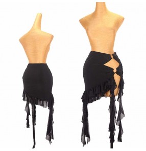 Black fringe irregular hem latin dance skirts for women girls ballroom salsa rumba chacha singers dancing skirt for female