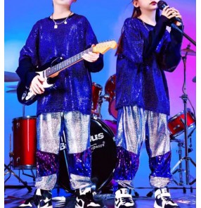 Hiphop street dance costumes for boys girls children Royal blue silver sequin jazz rapper drummer singers gogo dancers dance outfits for Boys