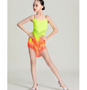 Girls kids green with orange fringe competition latin dance dresses for girls salsa rumba chacha ballroom dancing costumes for kids