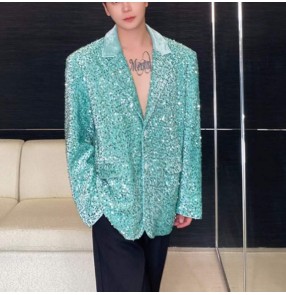 Male youth rapper singer jazz dance blazer nightclub bar green silver pink velvet sequins coats for men Birthday party Stage performance jackets