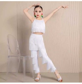 Girls kids white tassels competition latin dance costumes layer fringe latin ballroom dancing wear tops and long pants for kids