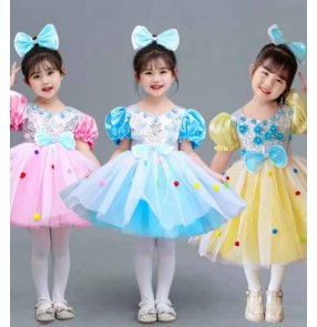 Children pink yellow blue jazz dance dresses toddlers ballet dress tutu skirts choir stage performance princess dress for kids