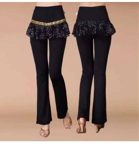 Women Girls Ballroom latin Culotes for women girls latin dance practice lace ruffles skirt long trouser for female