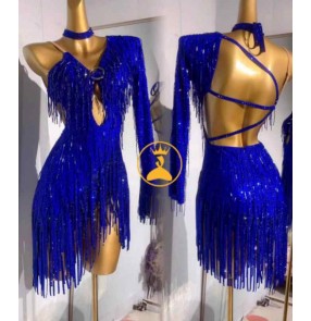 Customized royal blue bling fringe competition latin dance dresses for women girls salsa rumba chacha solo ballroom dance wear for female