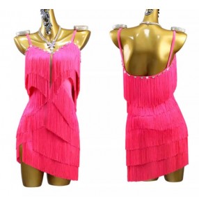 Women girls hot pink fringe latin dance dersses competition tassels salsa rumba chacha ballroom dance wear for female