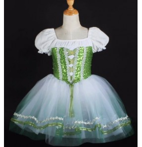 Girls toddlers green sequins ballet dance dress tutu skirts modern jazz dance skirts fairy party stage performance solo dance outfits