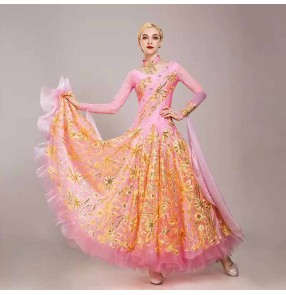 Customized size girls kids pink blue orange yellow competition ballroom dance dresses professional waltz tango stage performance long swing skirts for Children