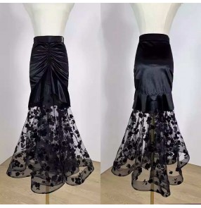 Women black velvet flowers ballroom dance skirts for female waltz tango foxtrot smooth dance tulle swing skirts for Lady