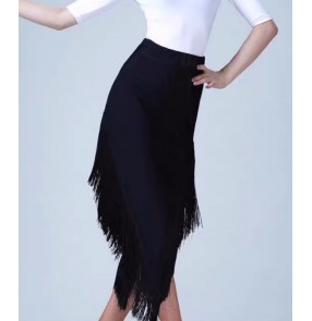 Women black fringe latin dance skirts side slit ballroom salsa rumba chacha dance long skirts for female