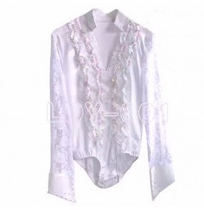 kids juvenile GB ballroom Latin dancing Shirts Modern Tap Dance Contest Top boys White Sequin Lace Leotard Tops