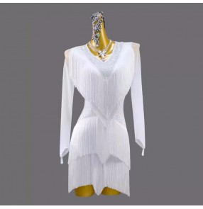 Women girls white fringe competition latin ballroom dance dresses for female salsa rumba chacha performance costumes