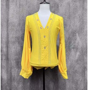 Customized size yellow competition ballroom latin dance shirts for boys gemstones bling stage performance waltz tango dancing leotard tops for kids
