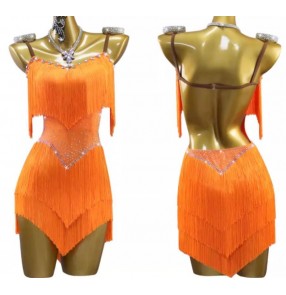 Custom size orange competition latin dance dresses for kids children salsa rumba samba chacha tap solo dance costumes for girls