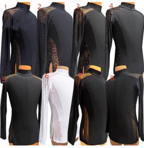 Men's latin dance shirts black white striped lace youth waltz tango performance tops for Male