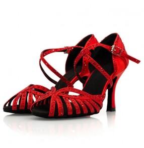 Women latin dance shoes red rhinestones bling waltz tango salsa performance soft soles sandals for female