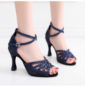 navy rhinestones competition women's latin dance shoes waltz tango salsa chacha performance sandals soft soles