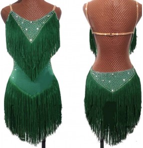 Women Girls latin dance dresses kids dark green fringe rhinestones sparkling party salsa rumba chacha dancing costumes 