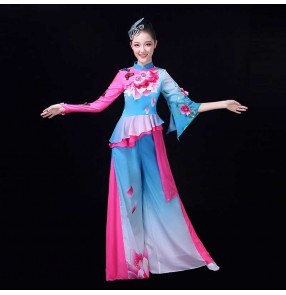 Women pink blue flowers chinese folk dance dresses traditional ancient yangge umbrella fan classical dance costumes 