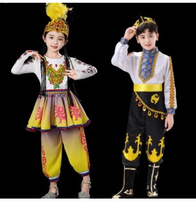 Chinese folk Xinjiang dance costumes for girls boys Gold color Kazakh Ethnic Uyghur dance clothing