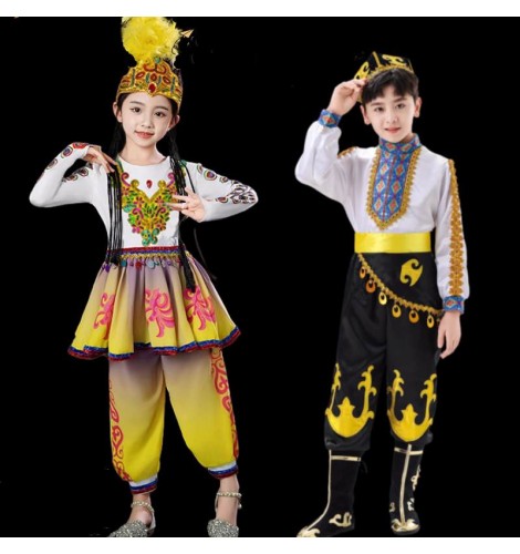Chinese folk Xinjiang dance costumes for girls boys Gold color Kazakh Ethnic Uyghur dance clothing