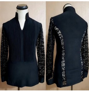 Men's latin dance shirts black lace sleeves creped front youth waltz tango flamenco Ballroom dancing tops for man