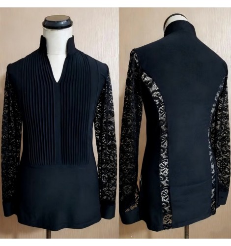 Men's latin dance shirts black lace sleeves creped front youth waltz tango flamenco Ballroom dancing tops for man