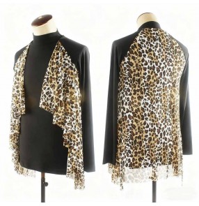 Leopard ruffles latin dance shirts for men youth flamenco ballroom waltz tango performance tops for man