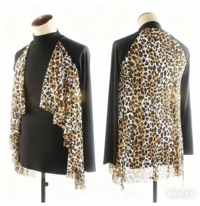 Leopard ruffles latin dance shirts for men youth flamenco ballroom waltz tango performance tops for man