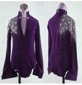 Custom size dark purple diamond latin ballroom dance shirts for men youth juvenile waltz tango flamenco dancing body tops